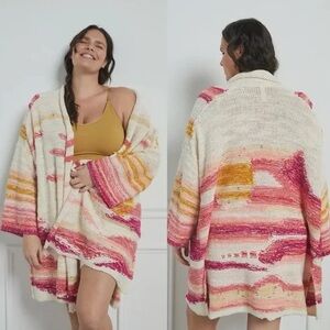 Anthropologie Daily Practice Oversized Cardigan - Pink Coral, Yellow Sunset
